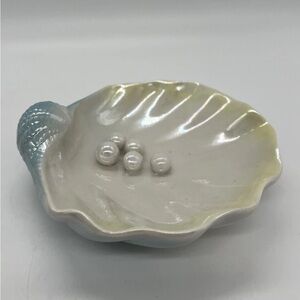 Vintage Blue Iridescent Ceramic Clam Shell With Pearls Soap Trinket Ring Dish